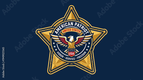 Detailed golden star badge showcases a majestic American bald eagle illustration framed by honor, service, and freedom text.