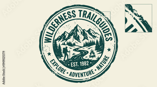 Distressed circular green stamp design features a hiker trekking through a mountainous wilderness trail setting.