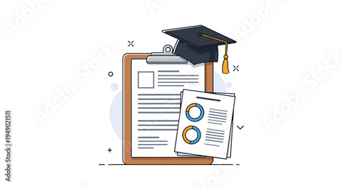 Education reporting and graduation success concept with clipboard, statistical charts, and mortarboard academic cap.