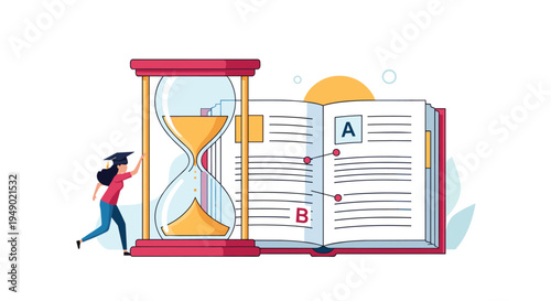 Time management for education and study concept showing large hourglass next to open book for student success.