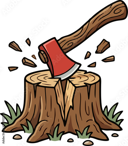 Red Axe Embedded in Split Tree Stump – Cartoon Vector Woodcutting Illustration