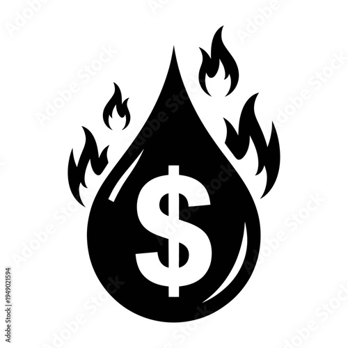 Fuel cost icon in black featuring dollar sign droplet with surrounding flames symbolizing rising energy prices and economic impact