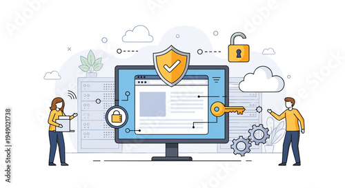 Cybersecurity and data server protection concept featuring computer, shield, key, and padlock symbols for safety.