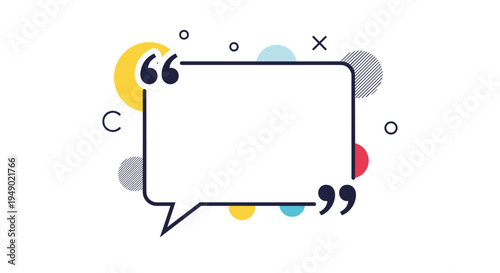 Quote or testimonial template design with speech bubble frame and abstract colorful geometric shapes background.