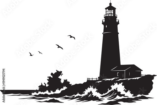Vector lighthouse icon with waves and seagulls