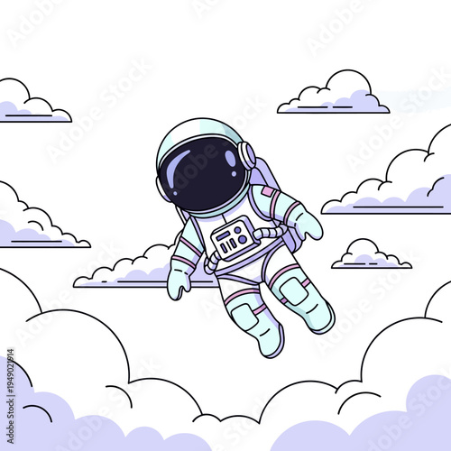 A cute cartoon astronaut in a white spacesuit floating among fluffy purple-outlined clouds in a minimalist illustration.