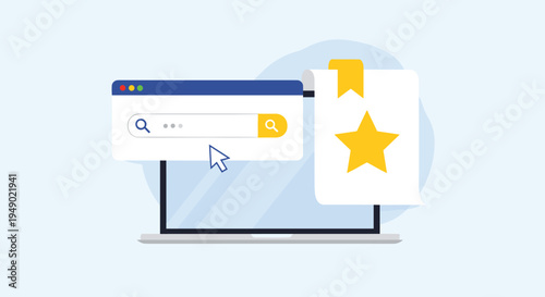 Web search and online favorites concept featuring laptop computer, floating browser search window, and starred document bookmarking.
