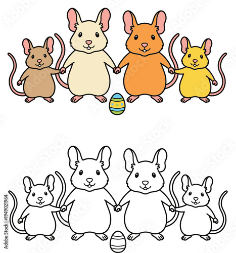 A cute family of cartoon mice clutching an Easter egg Vibrant picture and outline for a black and white coloring page
