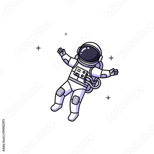 Cute cartoon astronaut floating peacefully in outer space surrounded by tiny stars on a white background.