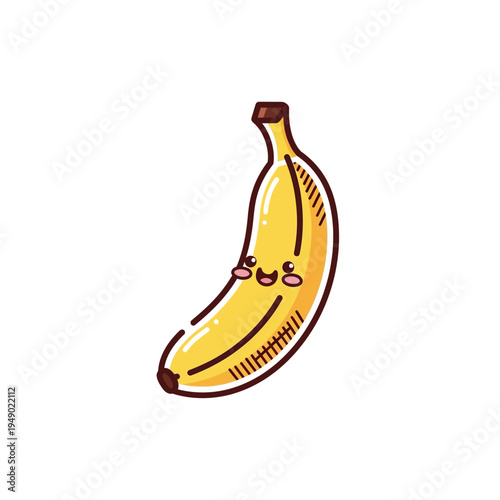 A cute and happy cartoon banana with rosy cheeks and a big smile.