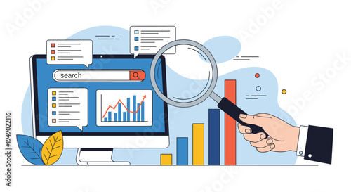 Business data analysis and seo research featuring computer monitor with growth graphs, search bar, and hand holding magnifying glass.