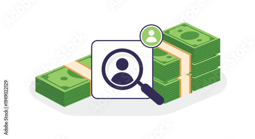 Human resources and talent recruitment concept featuring magnifying glass over job candidate card and stacks of green money bills.