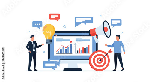 Integrated marketing strategy and business creative concept with computer showing data charts, light bulb, megaphone, and target goal.