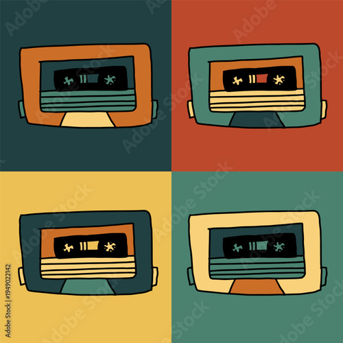 Cassette tape with headphones illustration representing retro music listening. Hand drawn vector graphic suitable for music concepts, vintage audio designs and podcast themes.