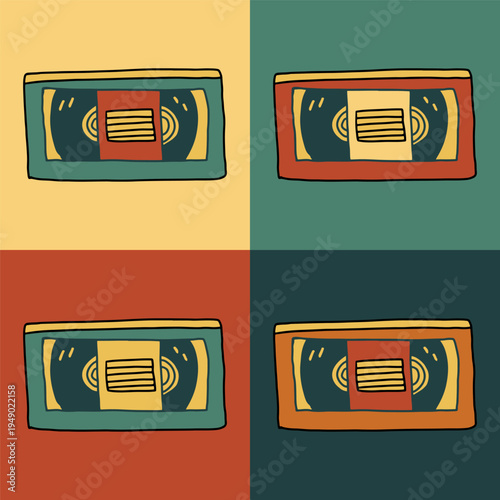 Audiobook cassette with headphones and music notes in playful hand drawn style. Vector illustration representing audio storytelling, listening and podcast entertainment.