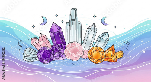 Vibrant crystal cluster with roses and celestial elements on a dreamy background