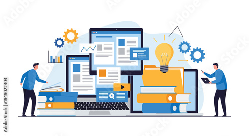 Business innovation and collaborative knowledge management concept with people, technology devices, gears, files, and bright light bulb.