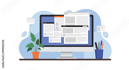 Digital browsing and research workspace featuring computer monitor with browser windows, office desk accessories, and potted plant.