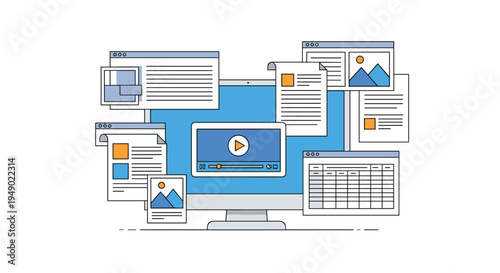 Multimedia content library and digital information management featuring computer monitor with video, text, and spreadsheet windows.