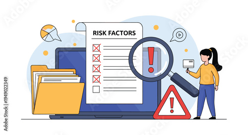 Business risk assessment and analysis concept showing laptop with risk factors checklist, magnifying glass, alert icons, and female analyst.
