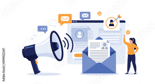 Job recruitment and hiring announcement concept featuring megaphone, open envelope with resume, target goal, and professional woman.