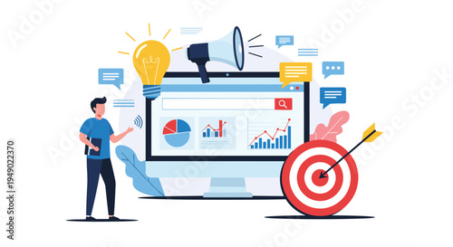 Creative marketing campaign and target strategy showing computer monitor with data charts, light bulb idea, megaphone, and bullseye goal.