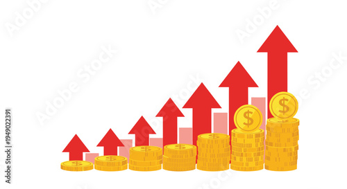 Financial growth and wealth accumulation concept featuring increasing stacks of gold dollar coins with rising red arrows and bar charts.