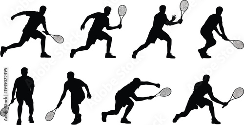 Silhouette of male tennis players hitting ball, athlete action poses with racket, vector illustration set