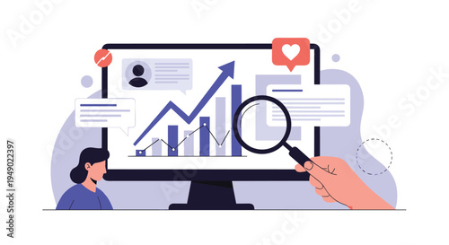 Marketing analysis and user engagement tracking showing computer monitor with growth graph, magnifying glass, heart like, and user profile.