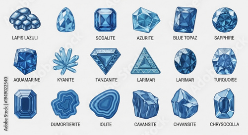 Collection of various blue gemstones and minerals with names