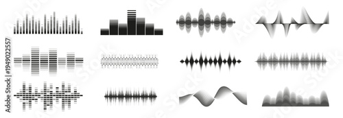 Set of 12 Black and White Sound Wave Vector Icons for Audio Visualizer, Music Equalizer, and Voice Recognition Interface Design Elements