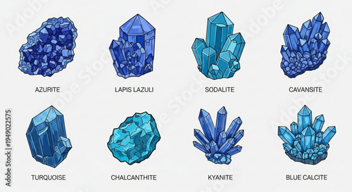 Collection of eight blue crystal minerals azurite lapis lazuli sodalite cavansite turquoise chalcantite kyanite blue calcite on white background