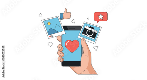 Mobile photography and social media sharing concept featuring hand holding smartphone with floating photos, camera icon, and heart likes.