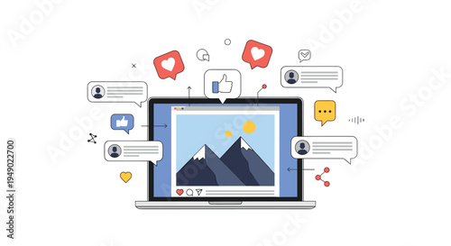 Social media interaction and photo sharing concept showing a laptop with an image of mountains surrounded by like and comment icons.