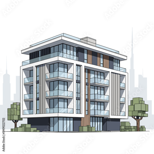 A modern, multi-story apartment building with glass balconies and contemporary architectural design, set against a city skyline.