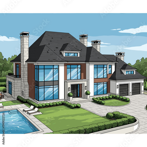 A luxurious modern mansion with a swimming pool and manicured gardens, showcasing contemporary architectural design and upscale living.