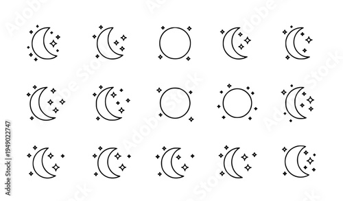 Crescent moon and star icons collection night sky sleep dream vector set