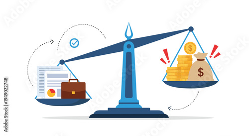 Legal and financial balance concept with scales of justice weighing business documents and briefcase against money and gold coins.