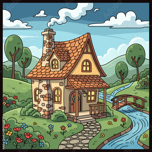 Charming stone cottage with a smoking chimney nestled in a vibrant green landscape with a winding river and a small wooden bridge.
