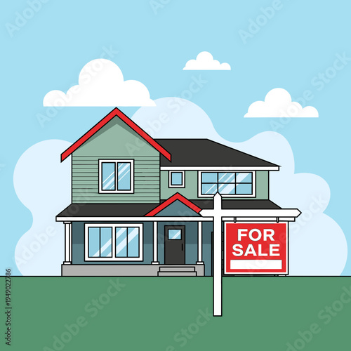 Cartoon illustration of a two-story residential house with a red 'FOR SALE' sign on a green lawn under a blue sky with clouds, depicting a real estate transaction.