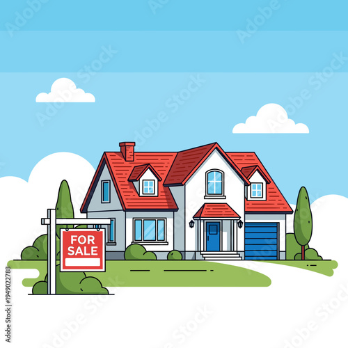 A charming suburban house with a red roof and a 'For Sale' sign in the front yard, set against a bright blue sky with clouds.