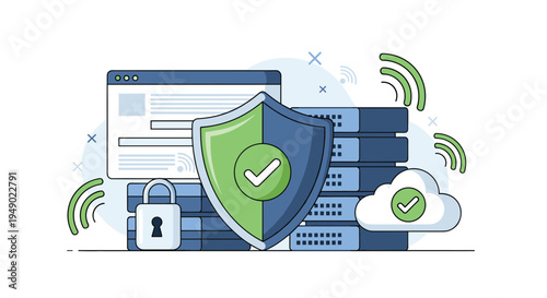 Cloud computing security and data protection concept with server racks protected by a green shield and cloud storage with checkmarks.