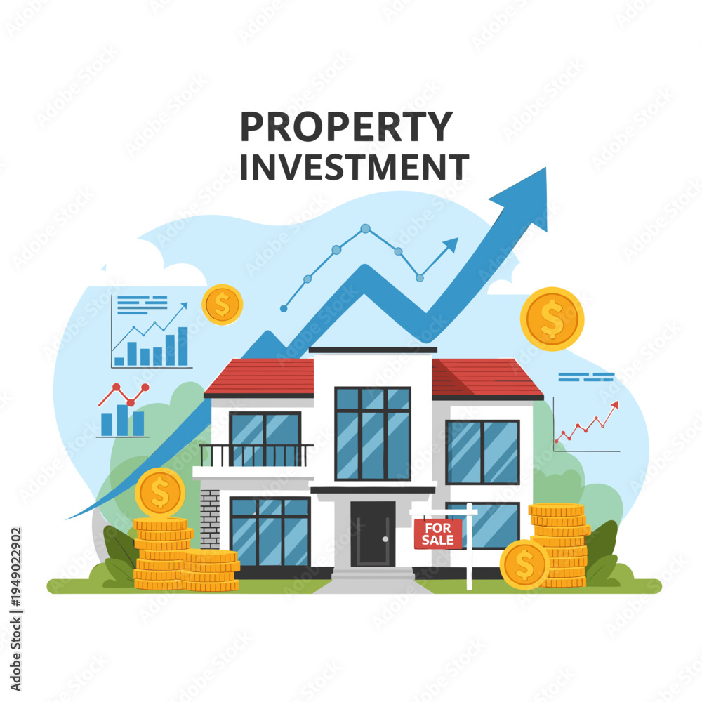 Naklejka premium Illustration of a modern house with a 'For Sale' sign, symbolizing property investment growth with rising charts and coins.