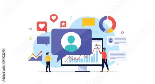 Social media marketing analytics and strategy concept with team members analyzing user engagement data and heart icons on a screen.