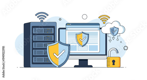 Network security and data server protection concept showing a computer system with shield icons and cloud storage with checkmarks.