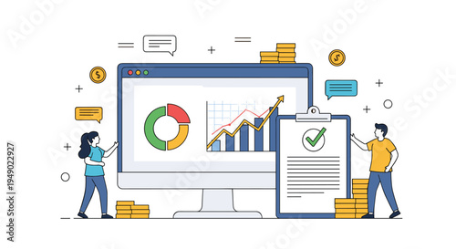 Business performance audit and financial reporting concept with people reviewing growth charts on a monitor and a checklist.