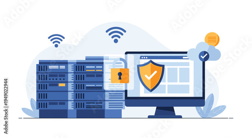 Information technology security and server protection concept featuring a computer monitor with a shield icon and hardware racks.