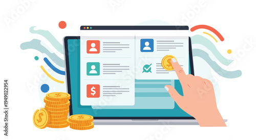 Digital banking and user profile management concept with a hand selecting a customer account on a laptop screen with coin icons.