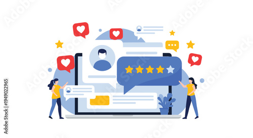 Customer feedback and reputation management concept showing people near a laptop displaying user profiles and five star ratings.