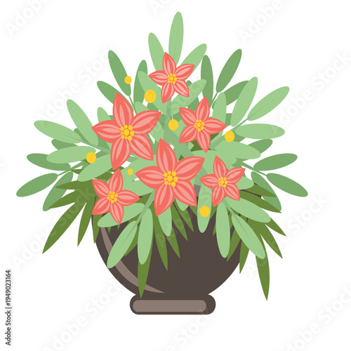 Illustration with flowers in different flowerpots with flower pot in flat